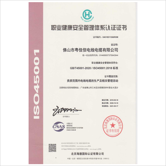 職業(yè)健康安全管理體系認(rèn)證證書(shū)